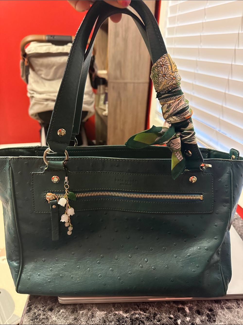 Kate Spade Dark Green Ostrich Pattern Tote